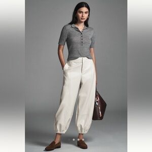 Anthropologie Cream Wide Leg Pants, Faux-Leather Clean Seam Balloon Pants